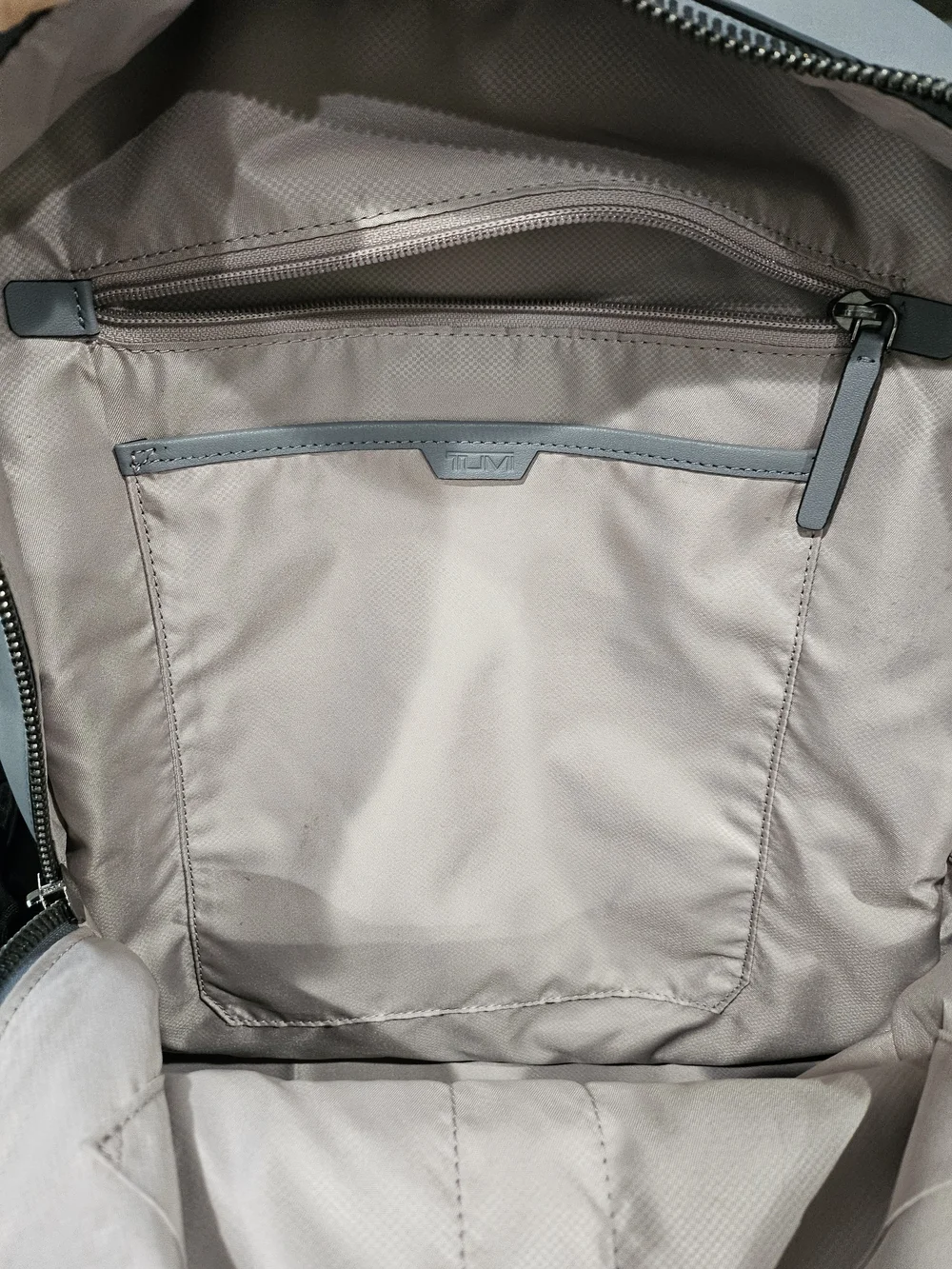 Tumi Light Gray Leather Backpack with Front Pocket